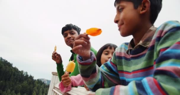 Grupa Szczęśliwych Indian Dzieci Lodami — Wideo stockowe