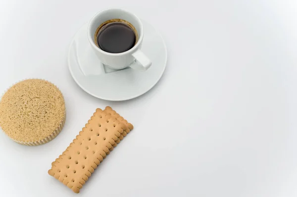 Café Ristretto Caliente Negro Una Taza Gres Blanco Con Plato — Foto de Stock