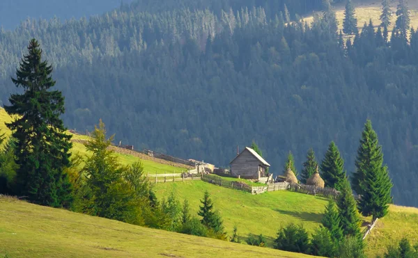 Beau Paysage Avec Ancien Chalet Bois Sur Une Pente Montagne — Photo