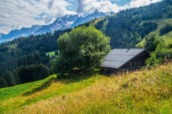 Uma Bela Vista Casa Campo Verde Cercado Por Montanhas Dia — Fotografia de Stock