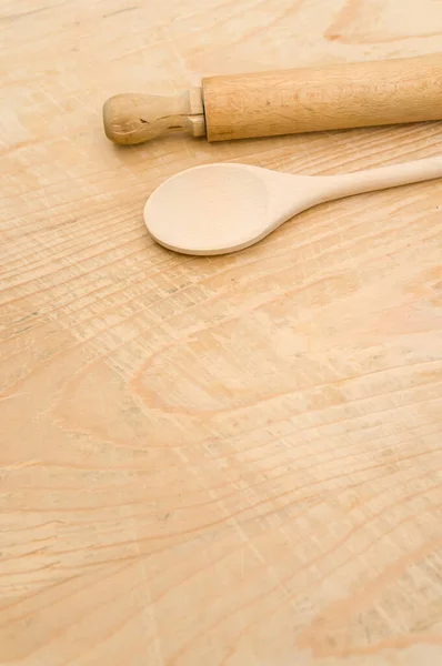 Vista Superior Utensilios Cocina Madera Sobre Fondo Madera Con Espacio — Foto de Stock