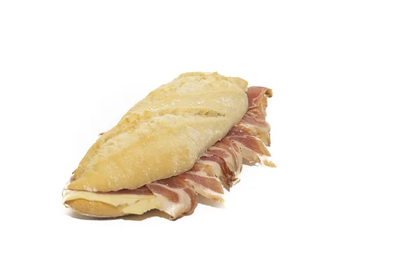 Tradizionale Panino Prosciutto Spagnolo Bocadillo Con Pane Croccante Isolato Fondo — Foto Stock