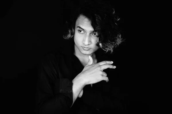 Grayscale Shot Serious Young South Asian Guy India Posing Black — ストック写真