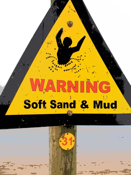 Close Shot Yellow Warning Triangle Sign Soft Sand Mud Sandy — Foto de Stock
