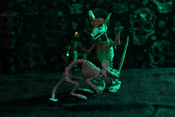 Pionowe Ujęcie Figurek Halloween Szczurów Grungy Ścianie Czaszki Zielonymi Światłami — Zdjęcie stockowe