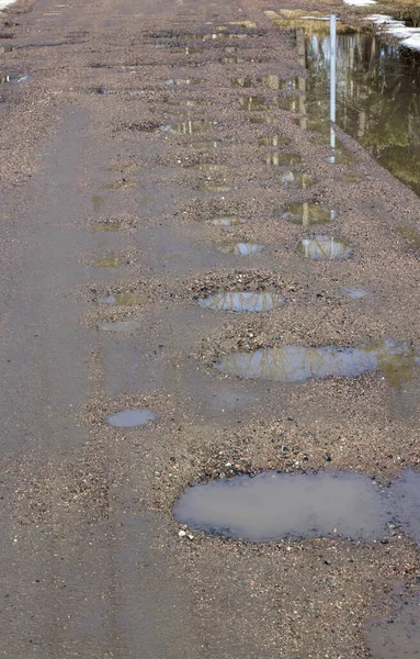 Tiro Vertical Uma Estrada Terra Molhada Com Poças Depois Uma — Fotografia de Stock