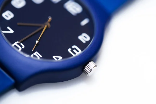 Selective Focus Shot Dark Blue Watch White Background — Photo