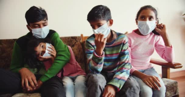 Group Happy Indian Children Medical Masks — Stockvideo
