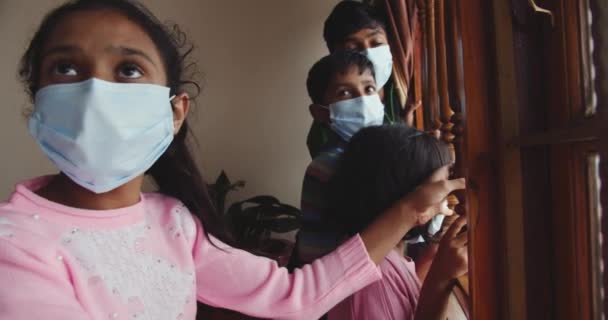 Group Happy Indian Children Medical Masks — ストック動画