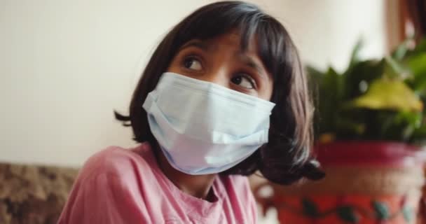 Happy Indian Girl Medical Mask — Vídeos de Stock