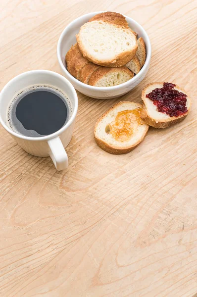 Organic Fresh Sliced Bread White Bowl Jam Coffee Cup Wooden — Fotografia de Stock