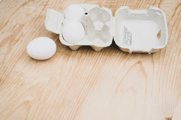 Cardboard Egg Box Made Recyclables Materials Space Text Wooden Tabletop — Stock Photo, Image