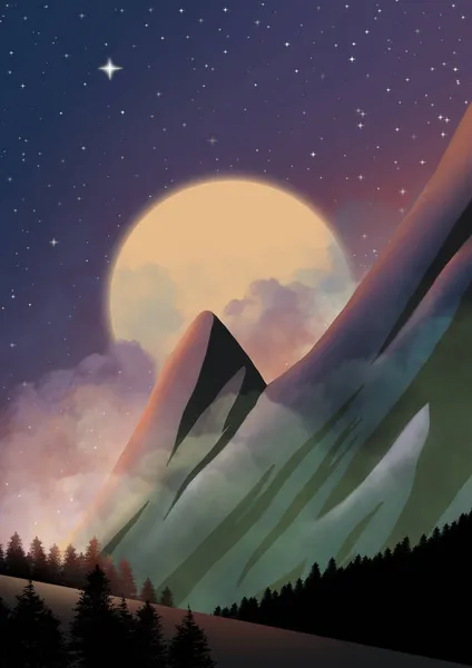 Illustration Mountains Surrounded Forest Purple Nigh Sky Full Moon — Stock Photo, Image