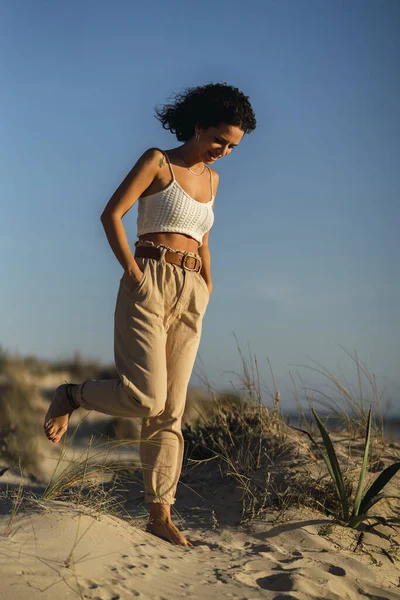 Vertical Shot Spanish Curly Female Posing Sand — Stock Photo, Image