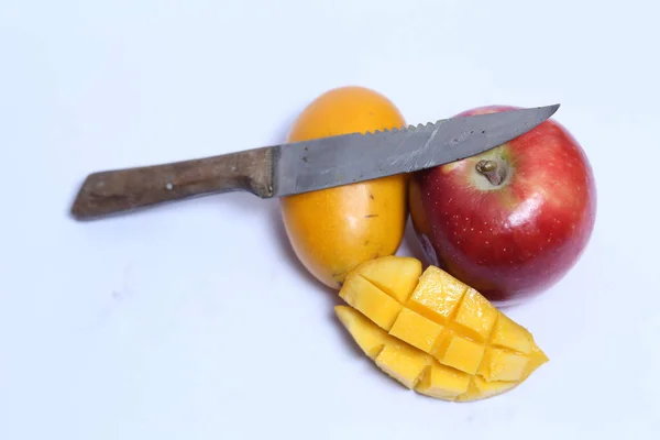 Apple Mango Knife Isolated White Background — Photo