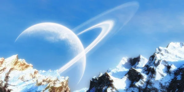 高い山の上に雲と青い空の惑星の3Dレンダリング — ストック写真