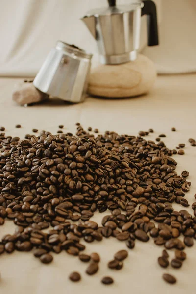 Closeup Shot Metal Coffee Pot Stone Coffee Beans — Stock Photo, Image