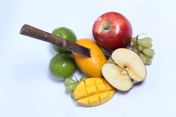 Apple Mango Grapes Citrus Limetta Knife Isolated White Background — стоковое фото