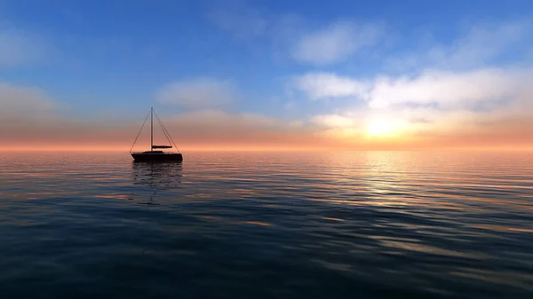 Bulutlu Gökyüzünün Altında Okyanusta Küçük Bir Yelkenlinin Büyüleyici Görüntüsü — Stok fotoğraf