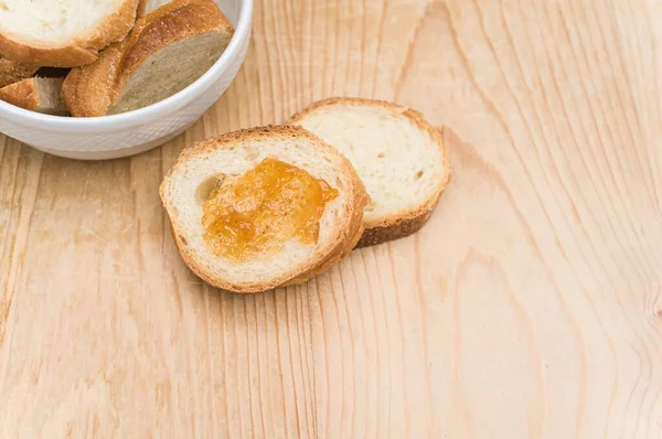 Organic Fresh Sliced Bread White Bowl Jam Wooden Tabletop Copy — Stock Photo, Image