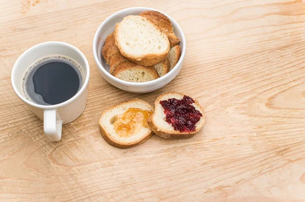 Organic Fresh Sliced Bread White Bowl Jam Coffee Cup Wooden — Fotografia de Stock