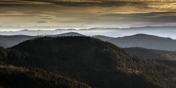 Scenic View Forested Mountains Wind Turbines Visible Afar — Stockfoto