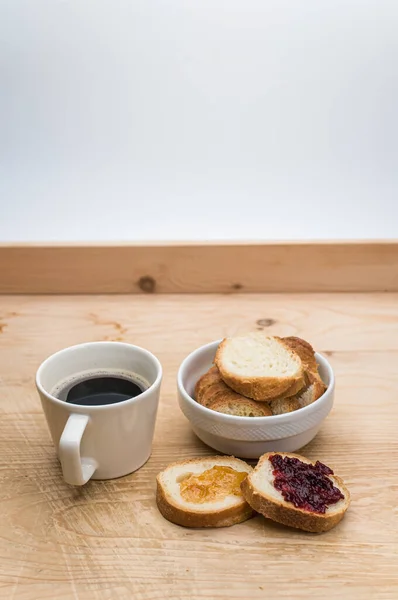 Organic Fresh Sliced Bread White Bowl Jam Coffee Cup Wooden — стоковое фото