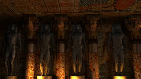 Uma Renderização Belas Estátuas Quatro Faraós Dentro Templo Histórico — Fotografia de Stock