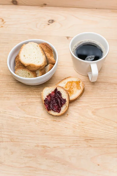 Organic Fresh Sliced Bread White Bowl Jam Coffee Cup Wooden — стоковое фото