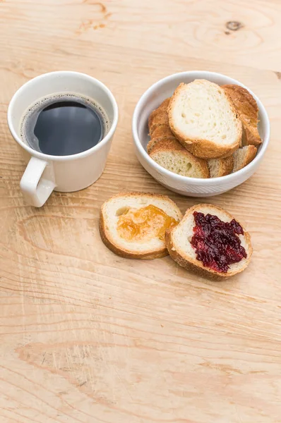 Organic Fresh Sliced Bread White Bowl Jam Coffee Cup Wooden — Stock Photo, Image