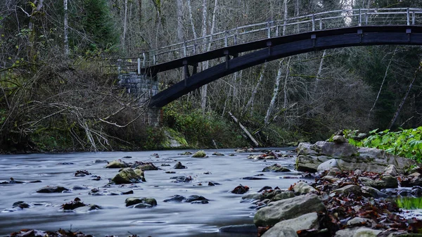 Scenic View Flowing River Rocks Long Exposure Bridge — Stock Photo, Image