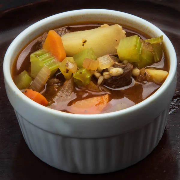 A closeup of the vegetable beef barley soup.