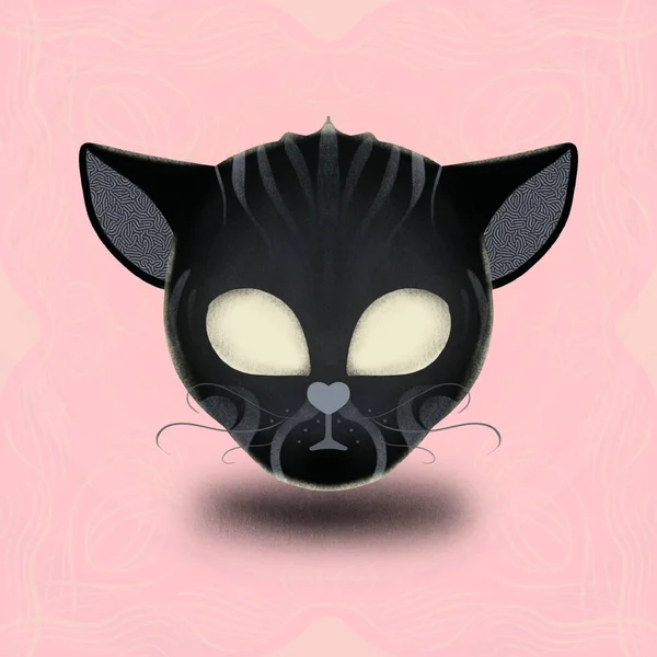 ピンクの背景に黒の漫画風猫の頭の三次元レンダリング — ストック写真