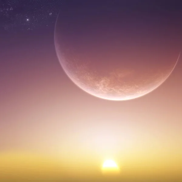 Återgivning Planet Som Visar Sig Himlen Med Sol Och Solljus — Stockfoto