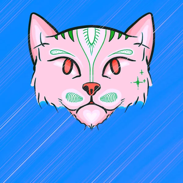 Illustration Pink Green Carttoon Ish Cat Isolated Blue Background — Stock Photo, Image