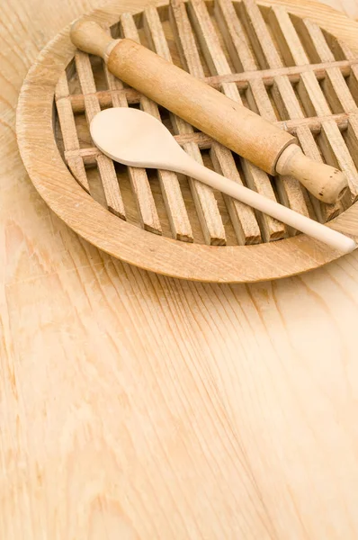 Top View Wooden Kitchen Utensils Chopping Board Wooden Background Copy — Stock Photo, Image
