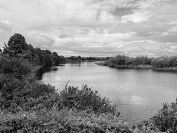 Cliché Niveaux Gris Lac Entouré Plantes Dans Les Hautes Terres — Photo