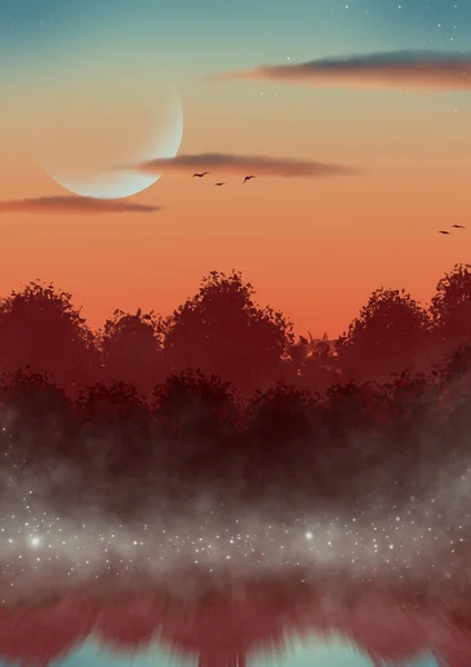 Gorgeous Illustration Forest Orange Sunset Half Moon Sky — Stock Photo, Image