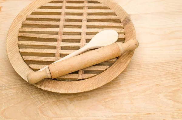 Top View Wooden Kitchen Utensils Chopping Board Wooden Background Copy — Stock Photo, Image