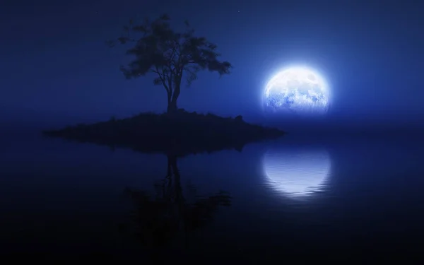 3D渲染了一个华丽的超凡脱俗的夜晚场景 平静的大海映照着月亮 孤零零的树木映衬在岛上 — 图库照片