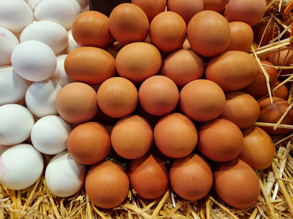 Uitzicht Bruine Witte Eieren Stro — Stockfoto