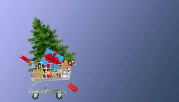Återgivning Julen Försäljningskoncept Med Vagn Blå Bakgrund Med Kopia Utrymme — Stockfoto