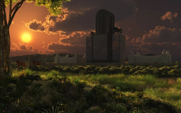 Uma Renderização Uma Cidade Futurista Ficção Científica Vista Uma Natureza — Fotografia de Stock