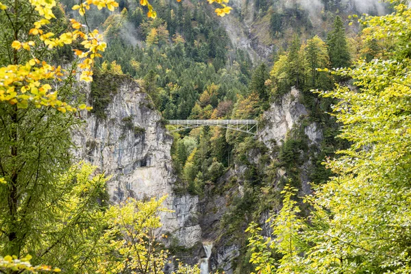 Uma Bela Vista Aérea Neuschwansteinbridge Alemanha Entre Montanhas Floresta Verde — Fotografia de Stock