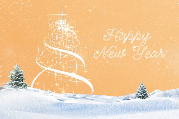 一个3D渲染的圣诞明信片概念与一棵树和愿望在雪地上橙色背景 — 图库照片