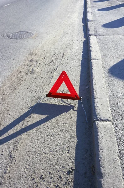 Vertical Shot Red Triangle Warning Sign Roadside — Stock Photo, Image