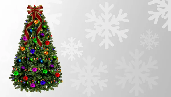 Vyobrazení Vánoční Pohlednice Stromem Šedém Pozadí Sněhovými Vločkami Kopírovacím Prostorem — Stock fotografie