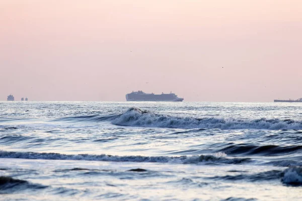 Idle Cruise Ships Parked Dutch Beach Due Covid Pandemic Sunset — Zdjęcie stockowe