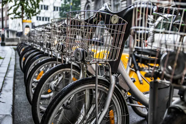Les Rangées Vélos Garés Louer Dans Rue Par Une Journée — Photo