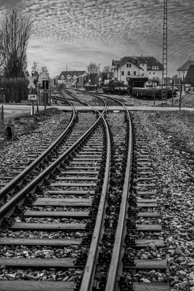 Vertical Shot Tracks Disused Railway Line Grayscale — стоковое фото